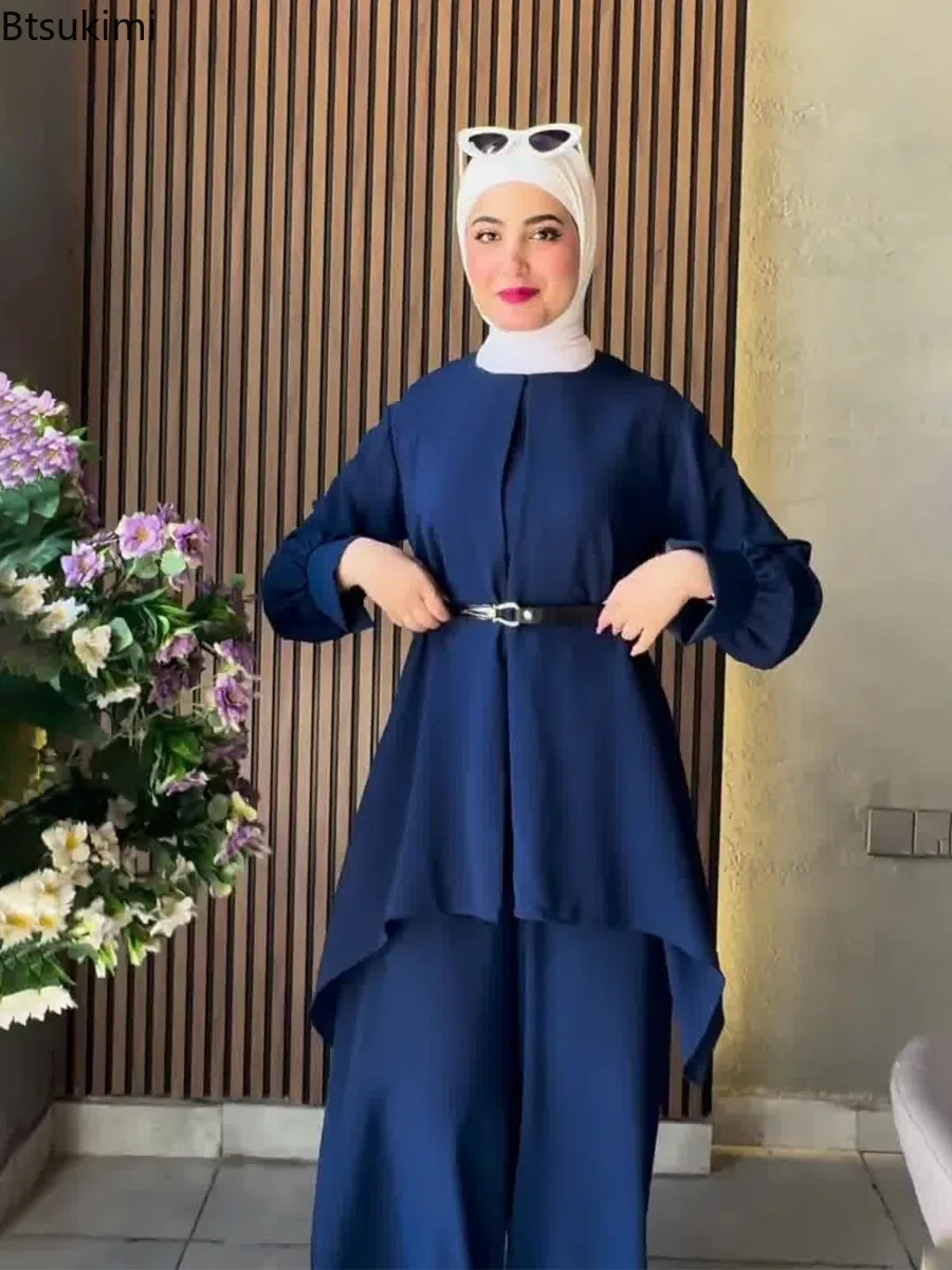 

Muslim Women Two Piece Sets Dubai Islam Tops and Wide Leg Pants Ramadan Morocco Kaftan Modest Casual Outfit Robe Femme Ensembles