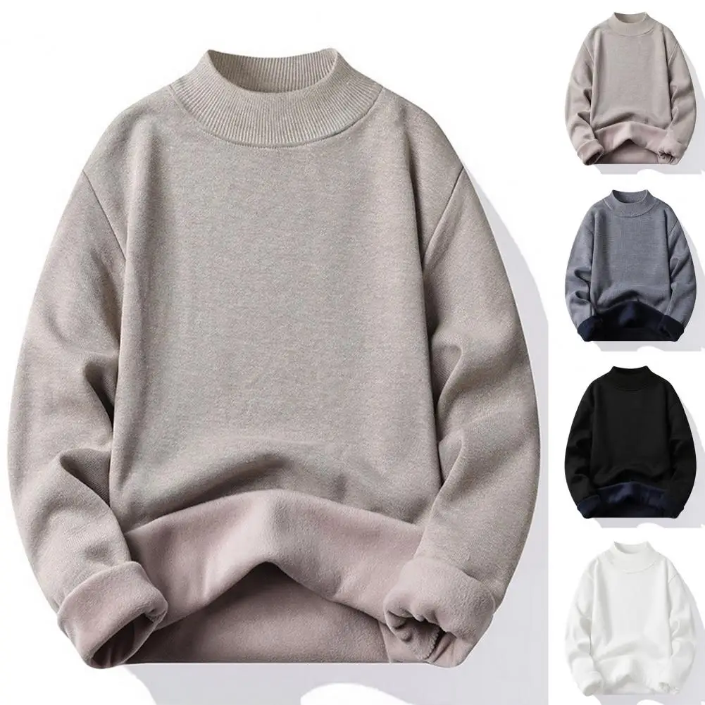 

Elastic Sweater Men's Cozy Plush Lined Sweater with Half-high Collar Knitted Solid Color Pullover for Work School Winter Warmth