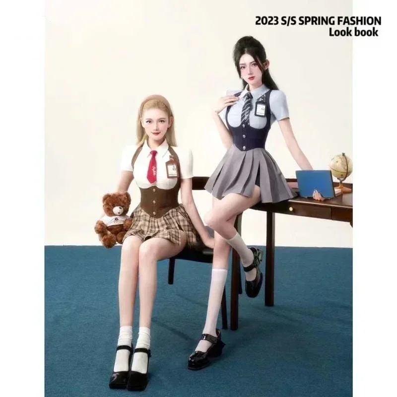 

Лето 2022, тонкая рубашка с полосатым галстуком Y2K для девочек, Холтер «рыбий кость», высокая талия, плиссированная юбка трапециевидной формы, студенческий стиль, комплект униформы JK