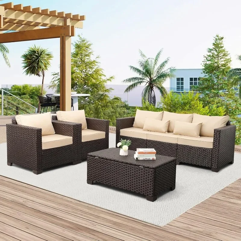 Patio Furniture Set 4 Pieces Outdoor Furniture Sets Patio Couch Outdoor Chairs Coffee Table with Storage Khaki No-Slip