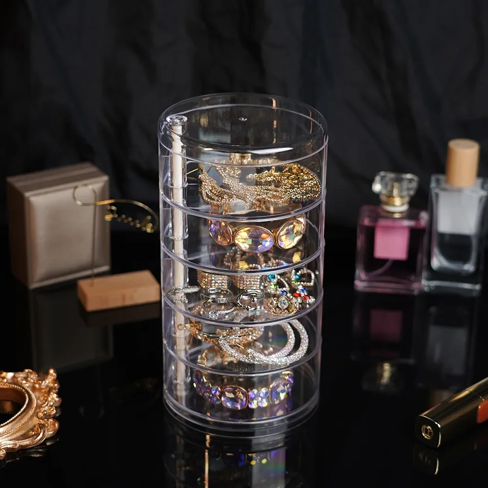 

Rotating Jewelry Storage Box Makeup Storage Rack Bracelet Earring Round Plastic Organizer Boxes Holder Display Rack with Cover