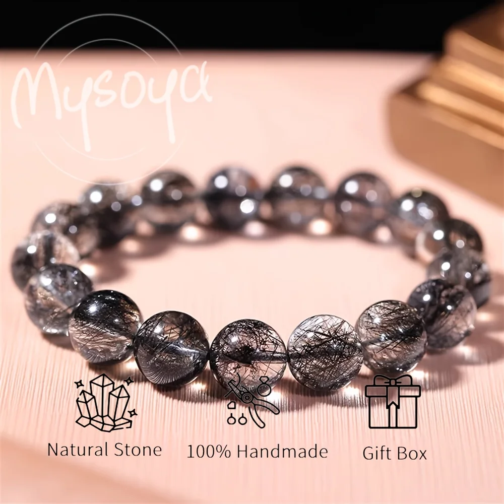 

MYSOYA Gem Grade Natural Brazilian Black Rutilated Quartz Bead Bracelet With Gift Box, Birthday Gift, Valentine’s Day