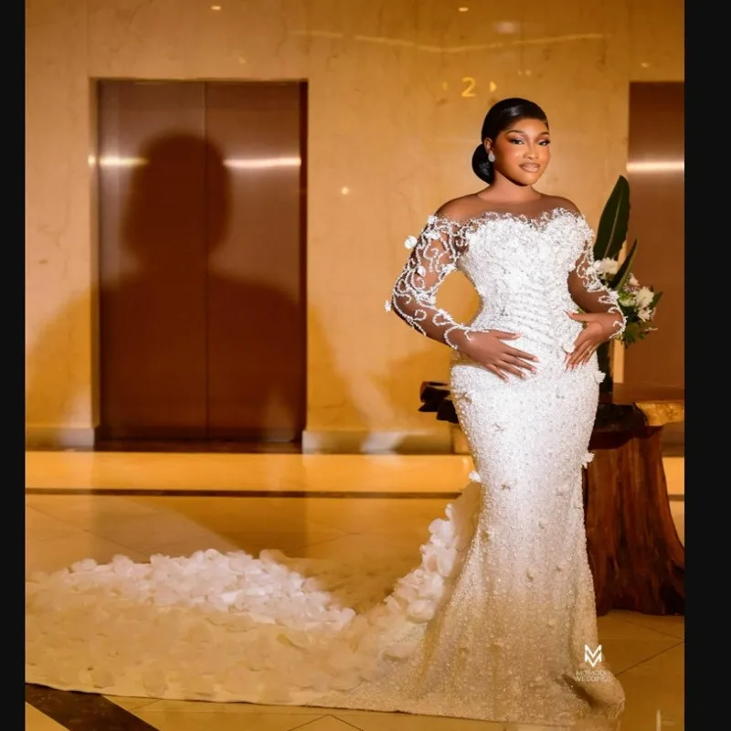 Customized Sheer Neck Sparkly Heavy Beads Sequins Luxury  Plus Size Wedding Dress   Long Sleeves Handmade Flowers  Bridal Gowns