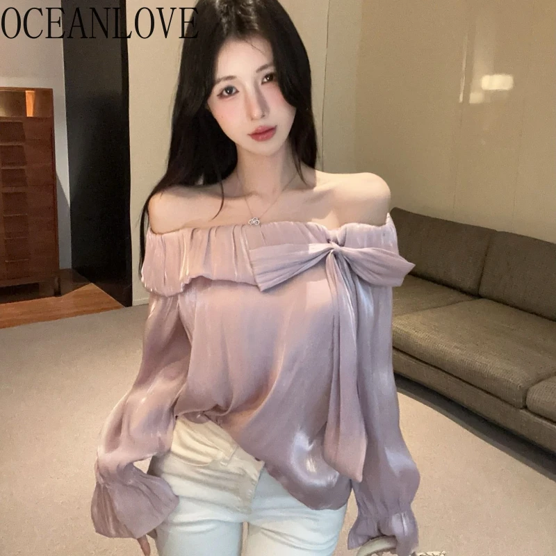 

OCEANLOVE Blouses Slash Neck Solid Bows Korean Fashion Elegant Women Shirts Flare Sleeve Vintage Spring Fall Blusas Mujer
