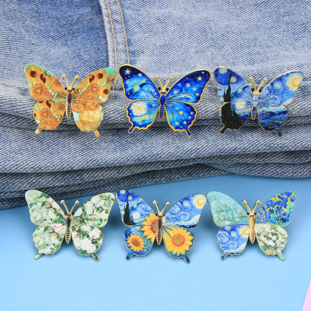 Van Gogh Art Inspired Butterfly Enamel Pin Set, Starry Night & Sunflower Brooches, Classic Painting Print Metal Badges  Jackets
