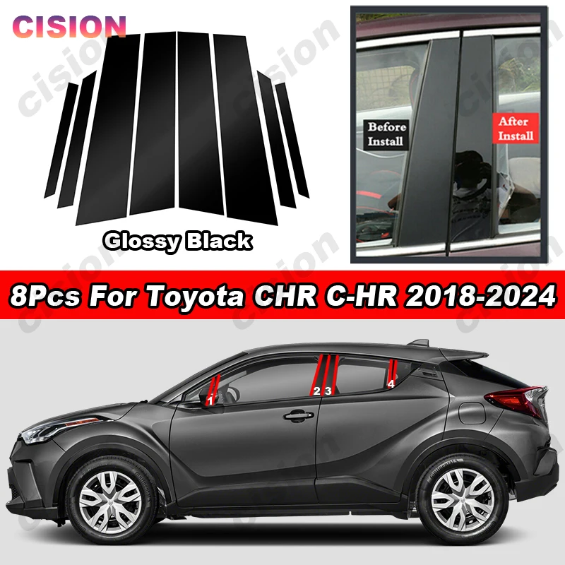 Glossy Carbon Fiber Chrome Black Door Window Center Middle Column B Pillar Post Cover Trim Mirror Effect Sticker For Toyota CHR