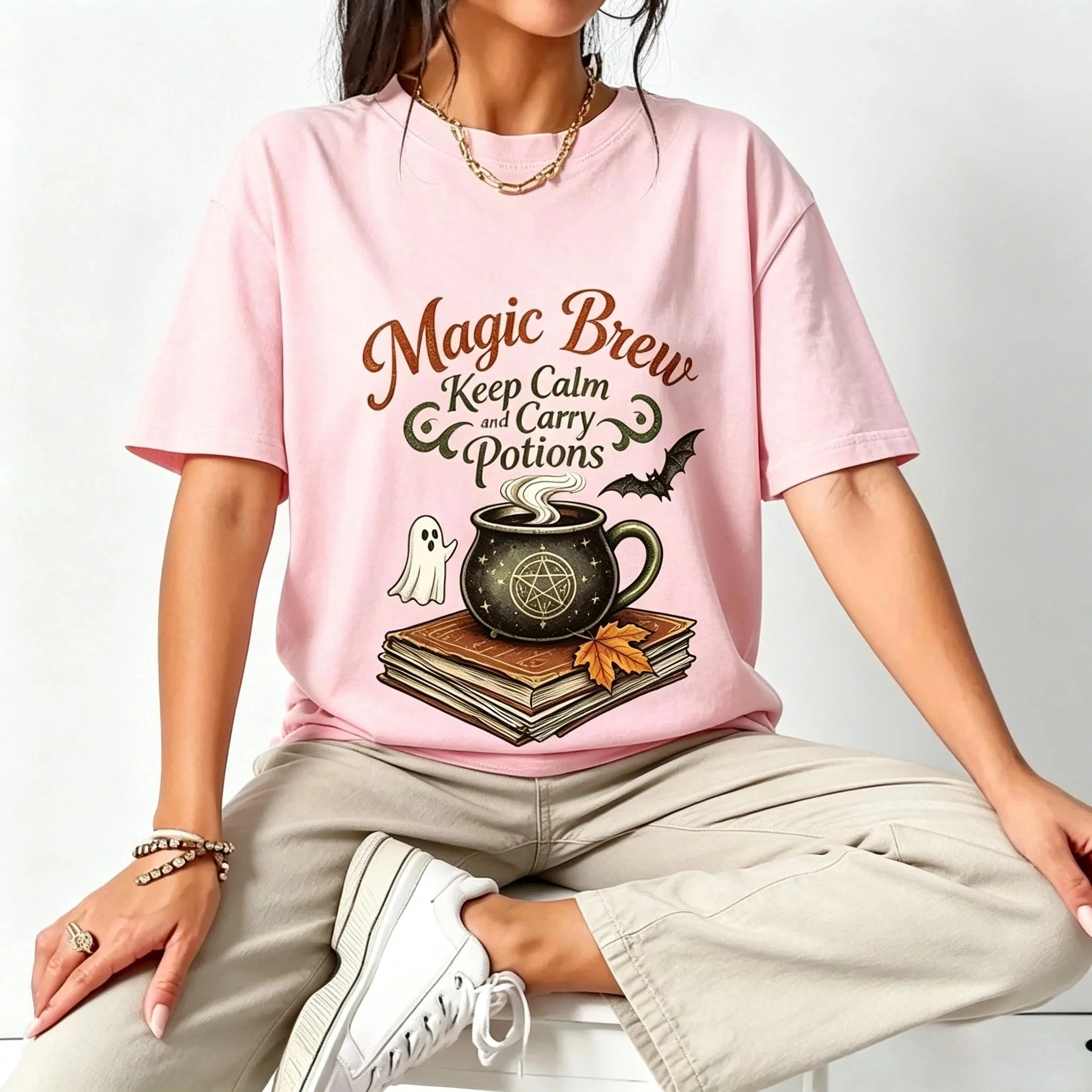 Magic Brew Keep Calm And Carry Potions Graphic T Shirt Women Retro Witchy Halloween Short Sleeve Tee