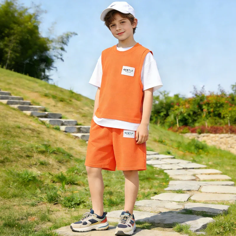 2026 New Teenage Boy Clothes Set Letter Patchwork Tshirts+Shorts 2 Pieces Suit Children's Short Sleeve Outfits Tracksuits Summer