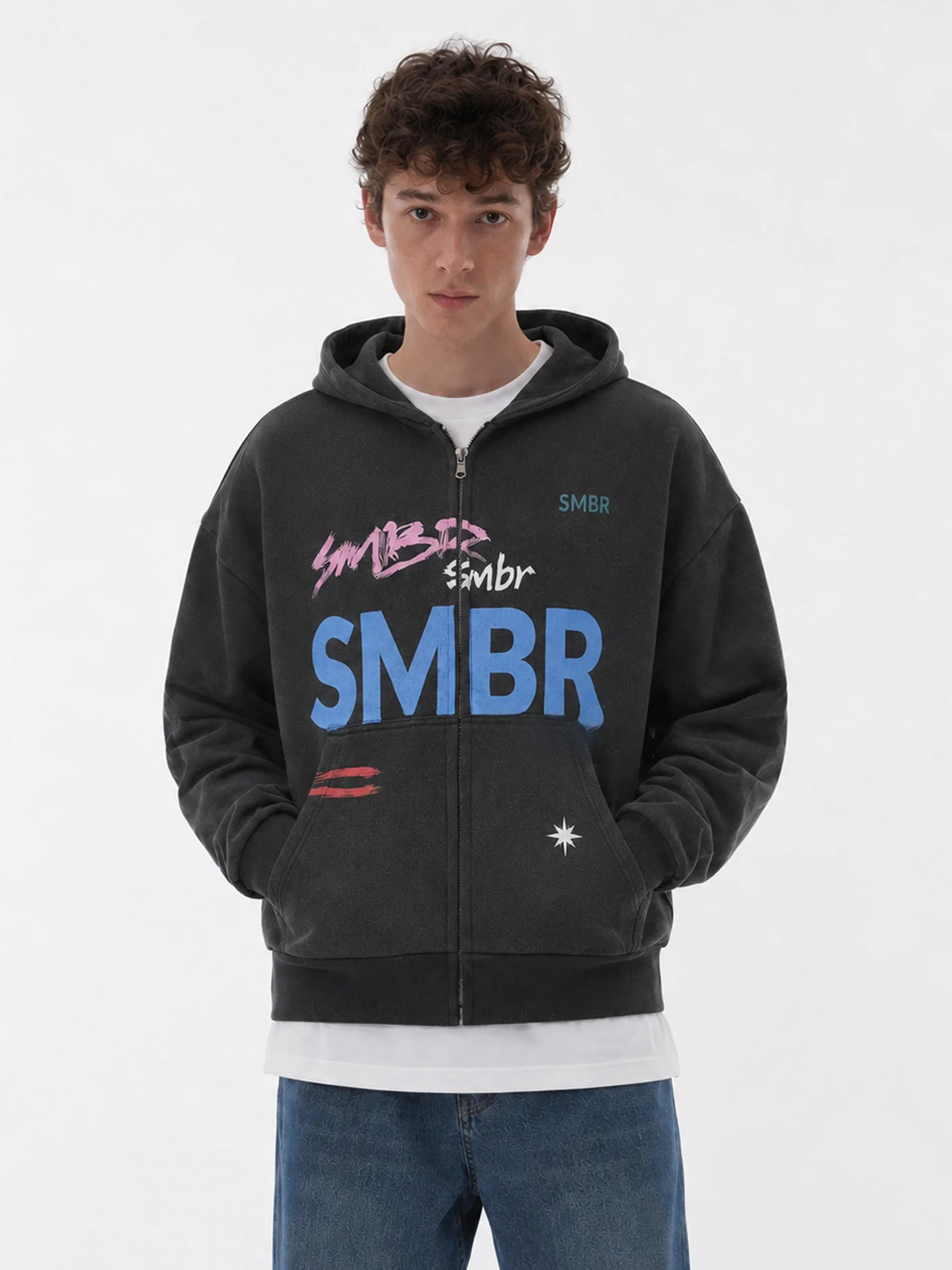 Hoodie Retro Americano Venxgen com Estampa de Letras e Blocos de Cor para Homens e Mulheres, Cardigan Lavado para Outono e In...
