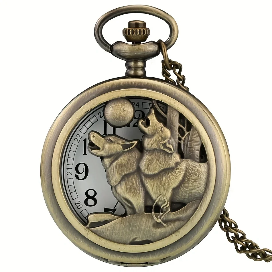 Vintage Bronze Exquisite Cool Wolf Carved Quartz Pocket Watch Necklace Watch Pendant Pocket Watch Unisex Timepiece