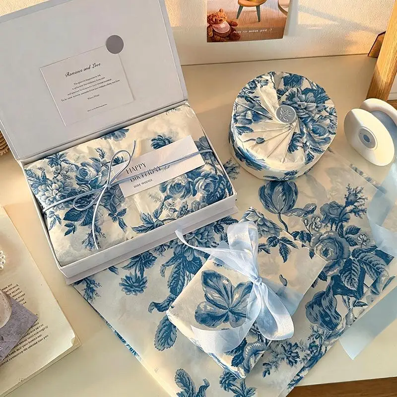 10PCS Chinese Style Blue Peony Pattern Wrapping Paper Thickened Bouquet Gift Packaging for DIY Flower Arrangement