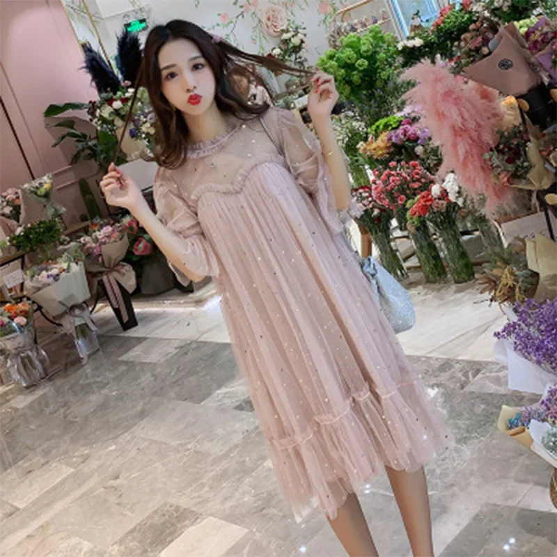 New 2023 Summer cotton Maternity Dress Sequin Fairy pregnancy Dresses Casual Half Sleeve Loose Pregnant Women dress zomer jurk