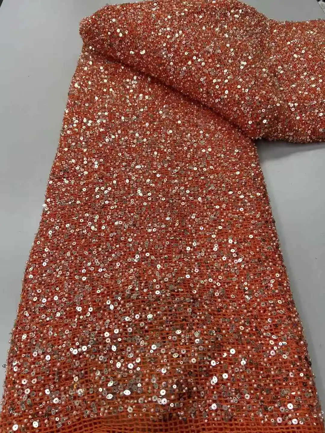 2025 France High-End Luxury Elegant Handmade Beaded Lace Fabric Nigerian With Sequins Mesh Lace Fabric For Wedding DressZX-52756