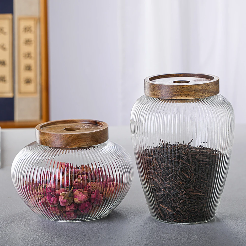 1L Wood Lid Glass Airtight Canister Kitchen Storage Bottles Jar Food Container Grains Pu\'er Tea Can Coffee Beans Candy Jars