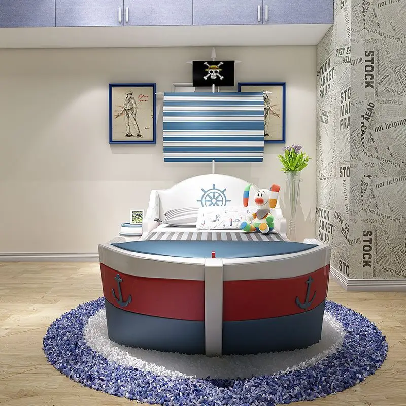 Leather boys single teen bed, creative furniture cartoon pirate steamer bed