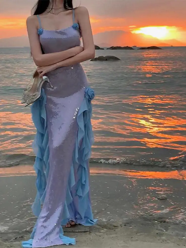 

Vintage Women Blue Purple Patchwork Sexy Sleeveless Ruffles Slip Long Dress Summer Slim Elegant Backless Vacation Party Dresses