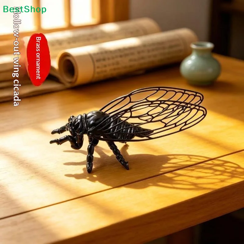 〔Q〕Exquisite Cicada Figurine Hollowed-out Retro Vintage Insect Sculpture Anti-rust Durable Alloy Animal Statue Home Office Decor