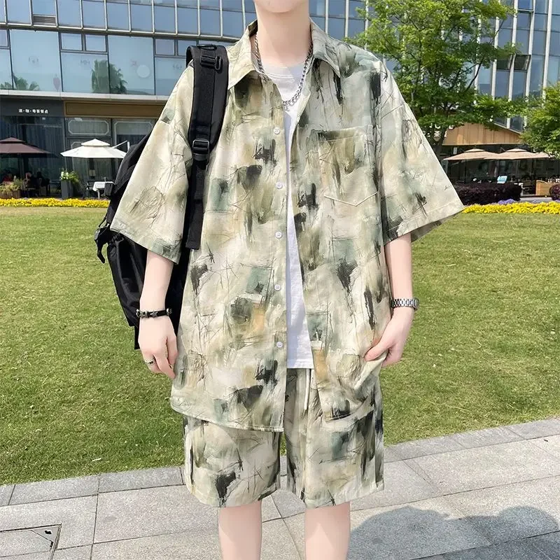 

Ice Silk Man Sets Print Graphic Baggy 2025 Trend New in Matching Kpop Novelty Fashion Stylish Basic Shirts Shorts Suits for Men