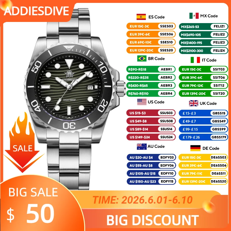 

ADDIESDIVE 41mm Men's Watch 3D Desert Texture AD2537 Quartz Wristwatch Stainless Steel Calendar Luminous Watches Waterproof 200m