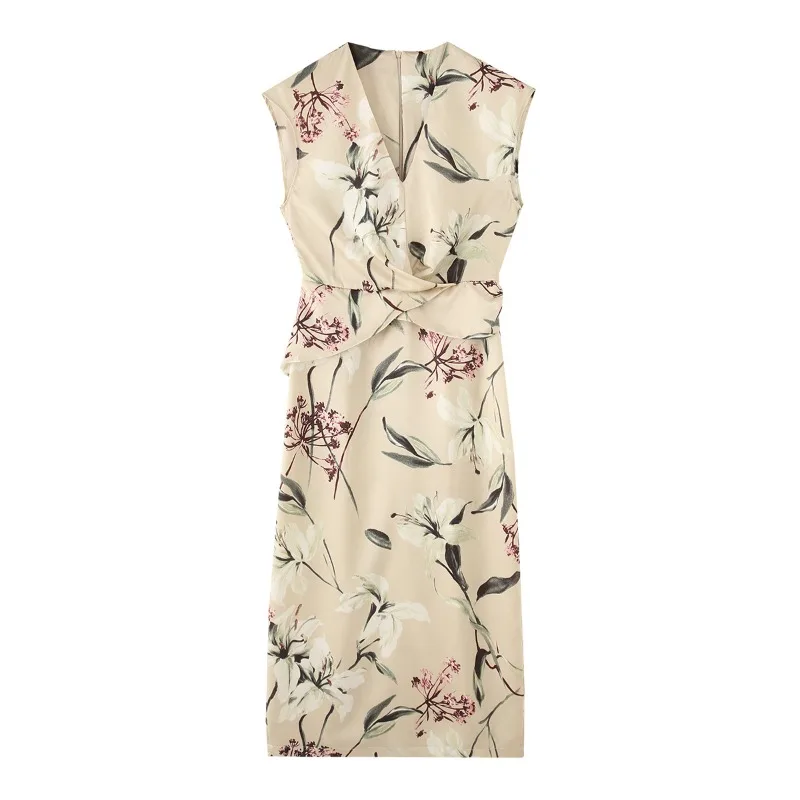 

TRAFZR Daily Midi Dress 2025 Floral Print V-Neck Tailored Waist Wrinkle-Resistant Poplin Spring Summer Work & Date Essential
