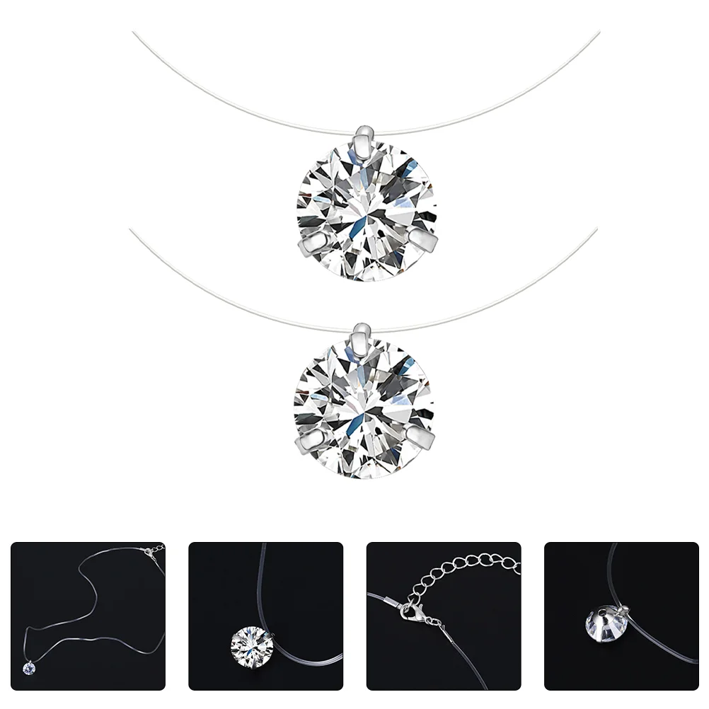 2 Pcs Necklace Necklaces Shaped Fishing Line Girl Grace Invisible Wire Silver Zircon Miss