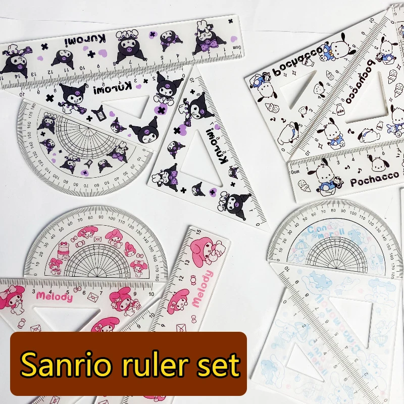 Hello Kitty Simple Creative Sweet And Cute Cartoon Pattern High-value Learning Stationery Plastic Ruler Four-piece Set Wholesale