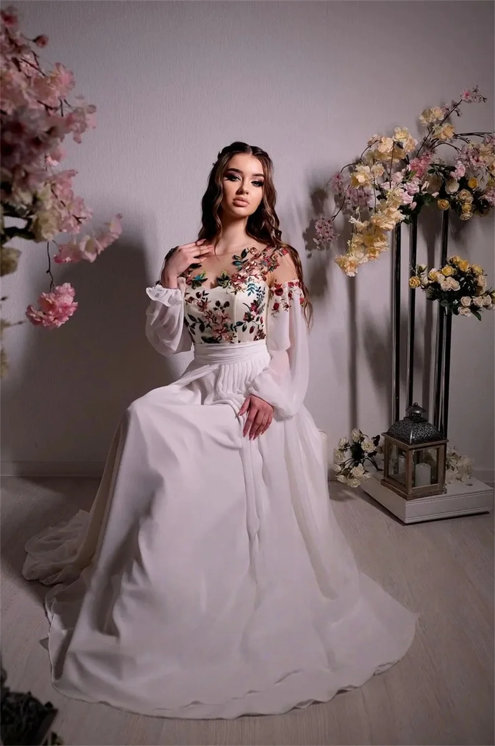 Kyoto White Floral A-line Wedding Dresses Off Shoulder Sweep Train Customized جديد في الفساتين Appliques vestidos de novia