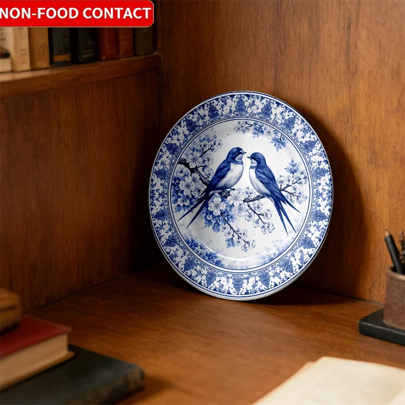 Decorative Plate with Blue-and-White Iridescent Chinese Floral (Jasmine) - Round Elegant Serving Dish for Home Décor, Holiday