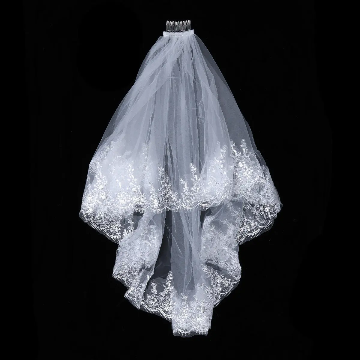 

1Pcs Sparkling Sequins Lace Bridal Veil with Comb Double Layer Easy Fix Hair Wedding Accessory for Bride Bridal Veil