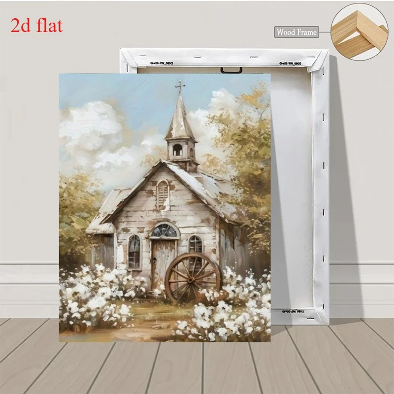 (No frame)2D Flat, 2D Flat 1pc Wood-Framed Canvas Print Poster Wall Decor Art, Rustic Church Quaint Floral Scene Themed Canva