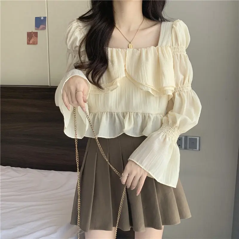 Gentle and Elegant Long Sleeves Shirt for Women\'s Spring Autumn Korean Version Square Neck Ruffled Edges Flared Sleeves Top