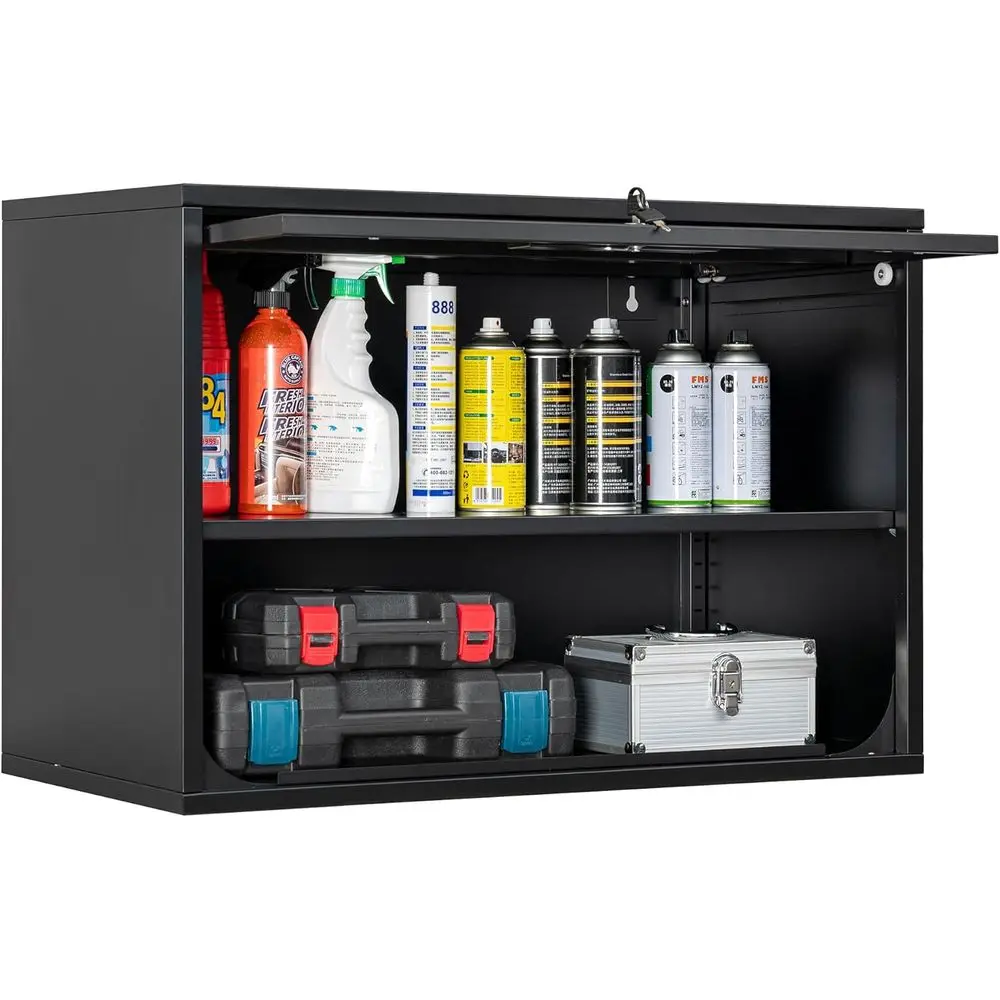 

Black Wall-Mounted Metal Cabinet with Shelves and Locking Door - Storage Solution for Home, Office, and Garage