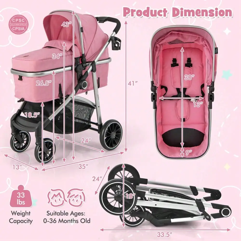 2 in 1 Convertible Stroller High Landscape Infant Stroller Pink