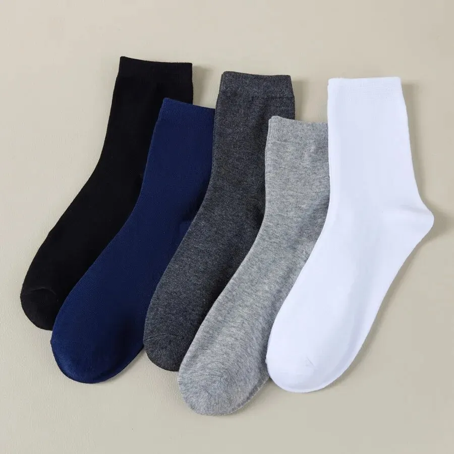 5 Pairs Pack Men\'s Business Socks Solid Color Cotton Crew Socks Quick Drying Black White Long Sock Plus Size US6-13