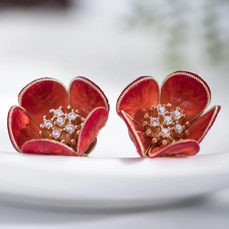 Red Velvet Flower and Tassel Ear Studs New Chinese Ancient Style Handmade Cultural Heritage Hanfu Element Earrings for Women