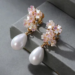 Fashion Luxurious Imitation Pearl Waterdrop Clip on Earrings Exquisite Elegant Petals Ear Clips Bridal Wedding Banquet Jewelry
