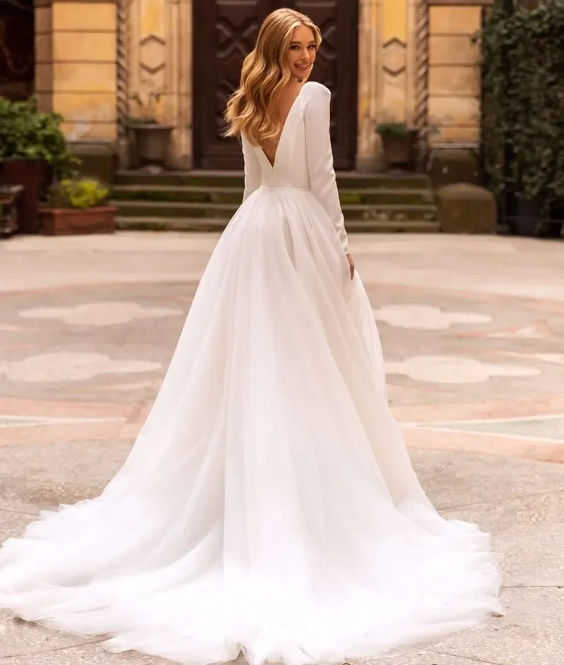 Vestido de casamento simples e elegante, linha, sexy decote em v, manga comprida, suéter nupcial, trem, tule, tamanho grande