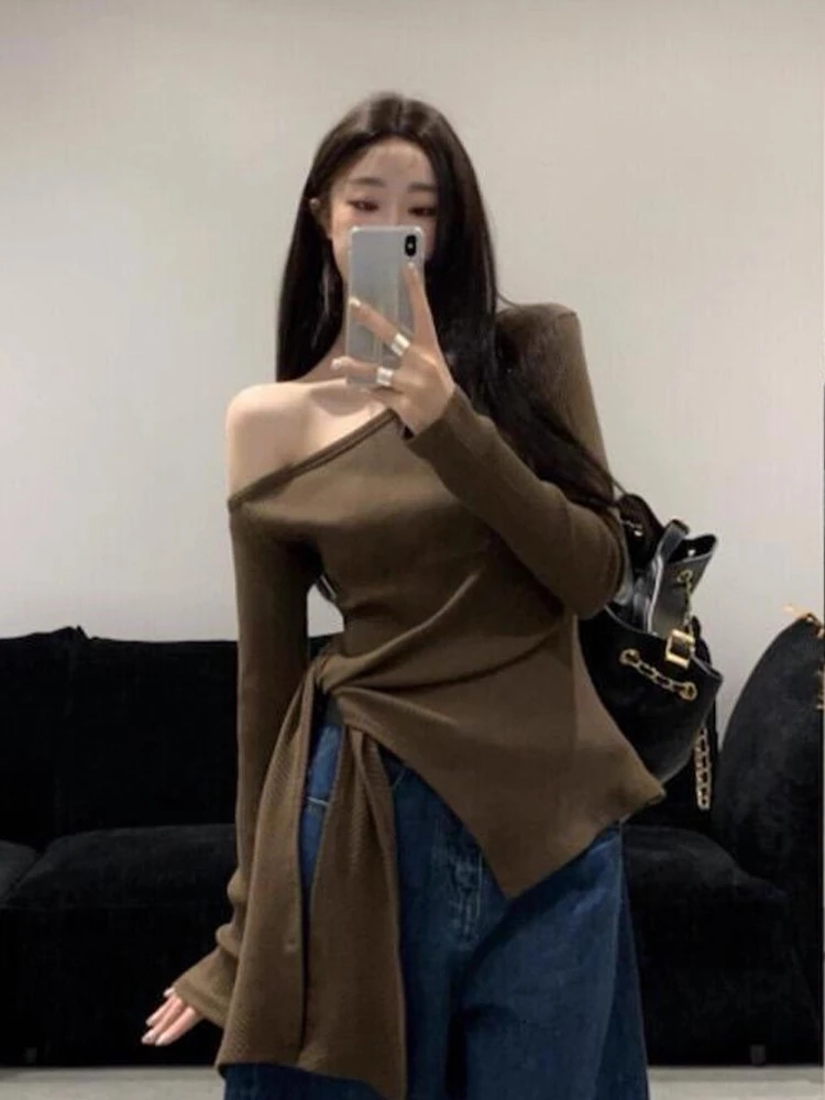 

Винтажная вязаная футболка Harajuku с косым воротником, женская Y2k, эстетичная облегающая футболка в стиле гранж, уличная одежда, нерегулярные бандажные топы Femme