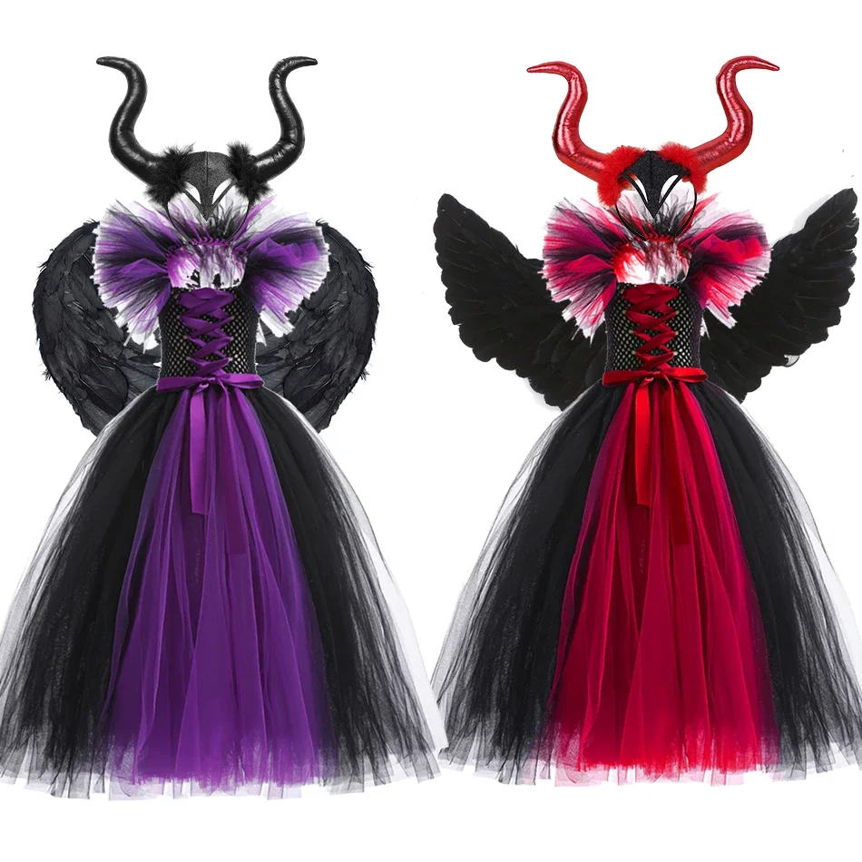 

Girl Witch Dress H eadband Cosplay Costume Kids Purple Red Tulle Tutu Dress Horror Costume For Halloween