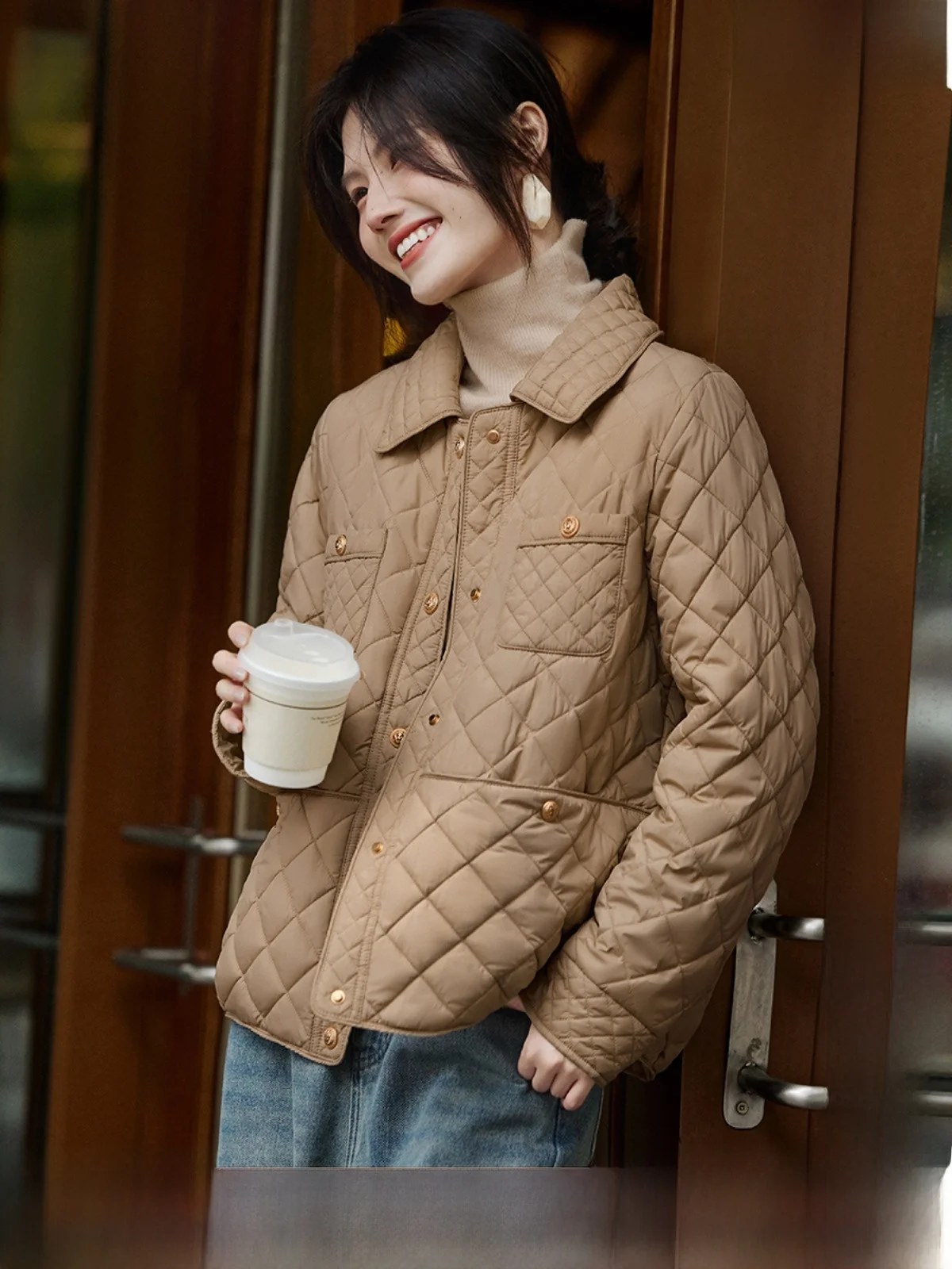 

XWI Ele ort ромбовидный узор, хлопковое женское пальто с воротником-сли, простой дизайн, зимнее пальто, удобное для поездок на работу, Thiened