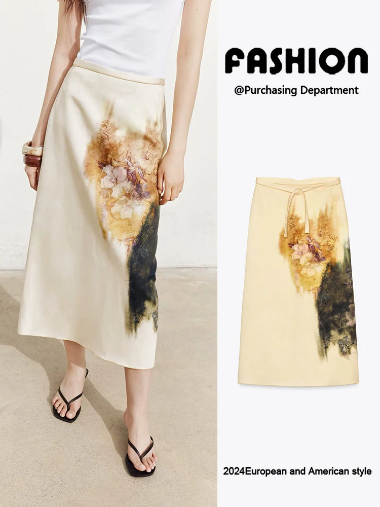 

New Summer Midi Skirt Women's Faionable Printed Mixed Fiber mid Waist Versatile f-length Skirt Ethnic Stage Costume