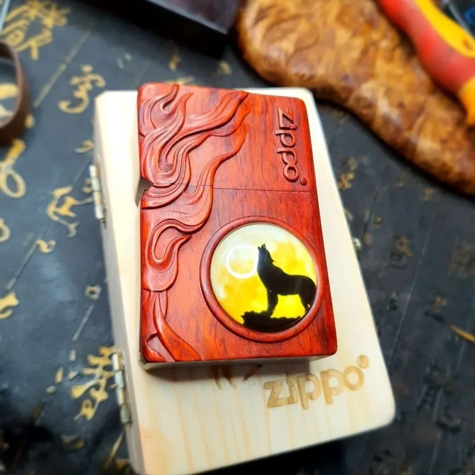 Zippo-Feuerzeug aus massivem Holz, geschnitzter Wolf, eingelegt aus Glas, winddicht, Kollektion in