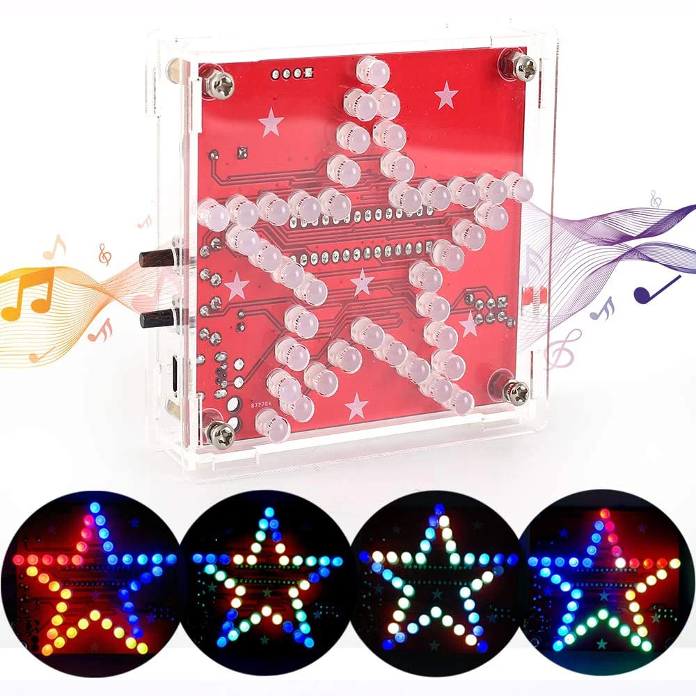 DIY Kit 3D Star Pentagram RGB LED Flashing Marquee Light Water Lamp Circuit Board WAV Music Player DC 5V Soldering Suite