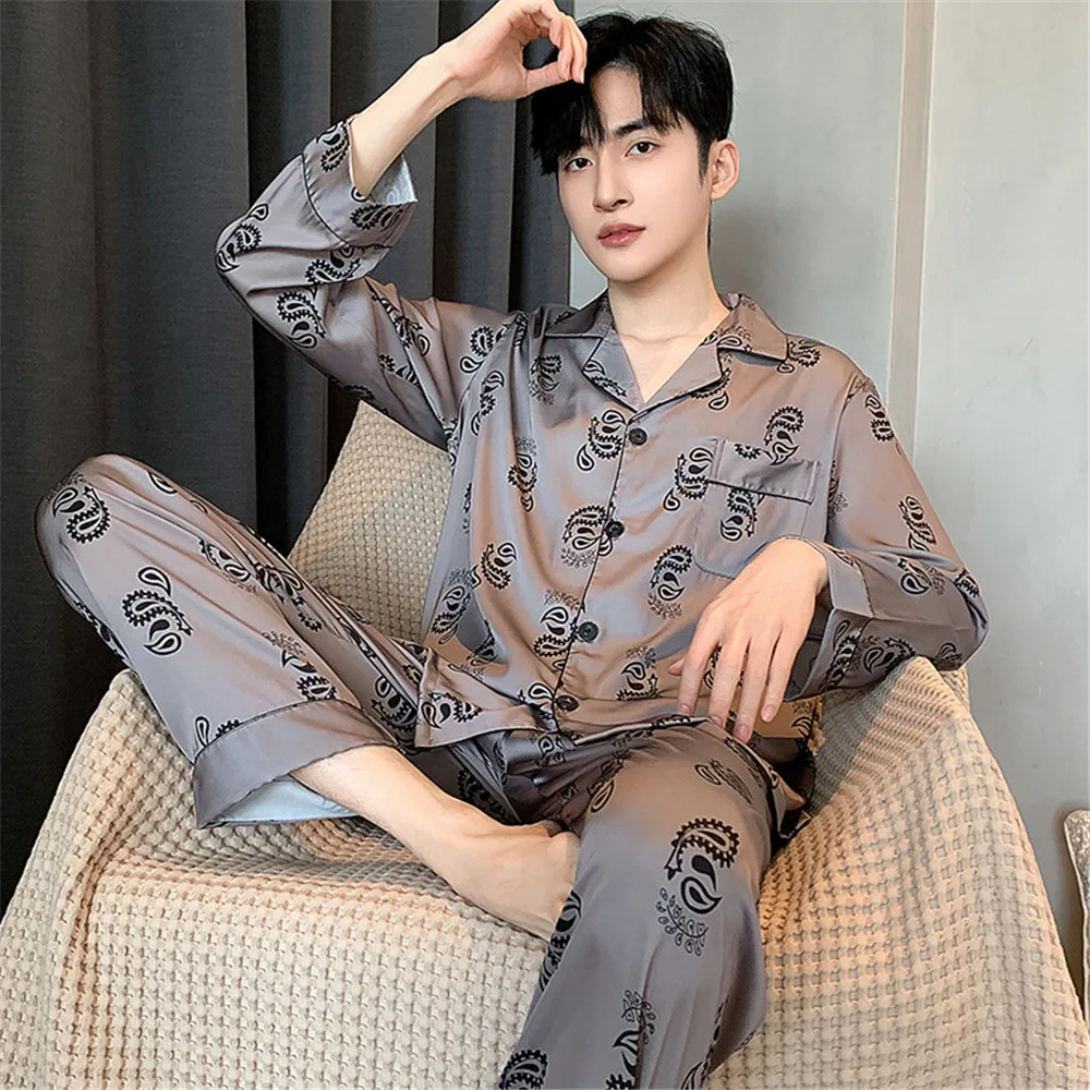 

Print Sleepwear Set Men's Long Sleeve Pants Home Clothes Comfortable Summer Thin Silk Two-Piece Suit