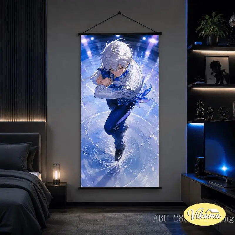 VIKAMA Anime Boy Ice Hockey Tapestry Blue Uniform Stick Puck Stadium Sport Art Wall Hanging for Bedroom Living Room Decor