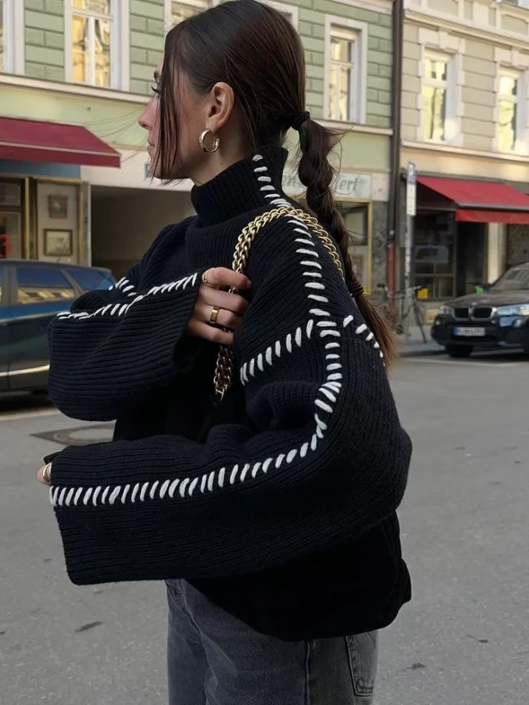 

Женский осенне-зимний свитер с высоким воротником большого размера, свободный повседневный пуловер, вязаный топ, лоскутный шикарный теплый вязаный топ, верхняя одежда, уличная одежда