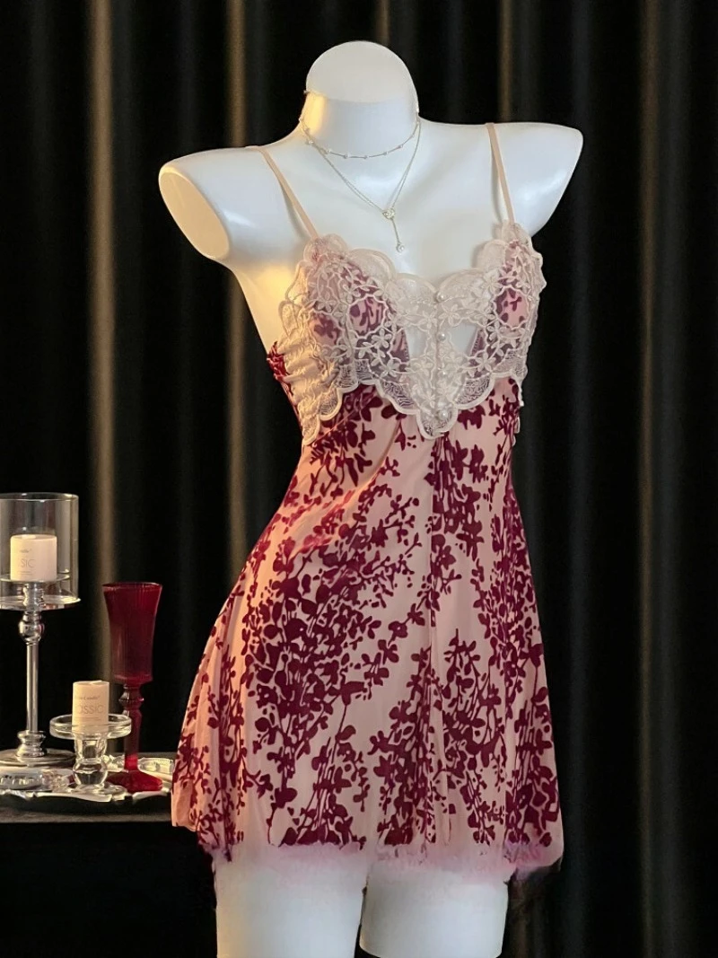

2026 Velvet Lace Deep V Halter Nightdress for Women–Sheer Mesh and Short Skirt Design,Sexy Lingerie Perfect Romantic Date Nights