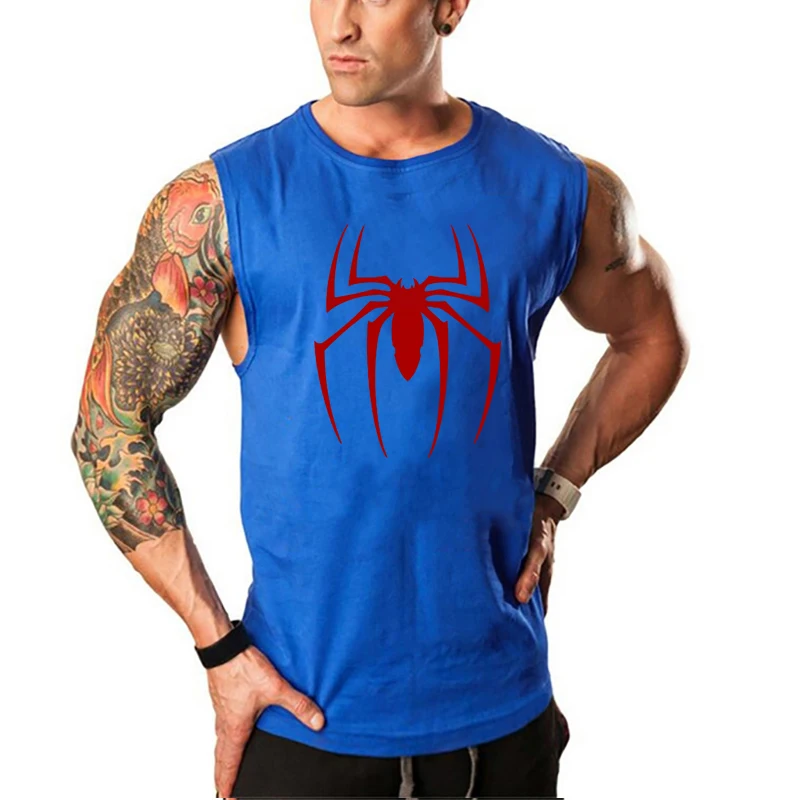 

Red Spider Printed Sleeveless Sport Singlets Gym Bodybuilding Workout Muscle Tank Tops Cotton Breathable Mens Fitness T-shirts