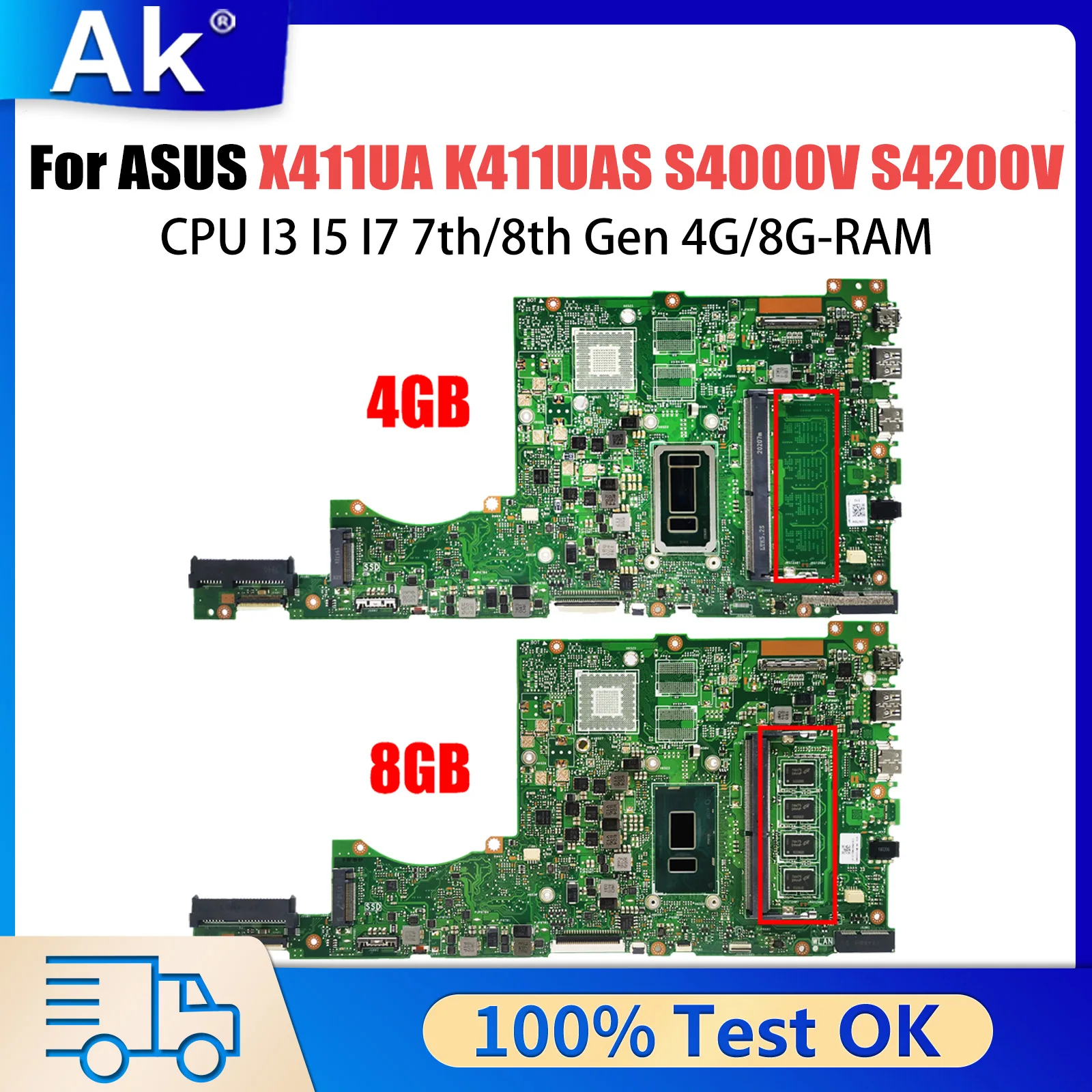 

X411UA Mainboard For ASUS Vivobook 14 K411UAS S4000V S4200V A411U K411U F411U Laptop Motherboard CPU I3 I5 I7 7th/8th Gen 4G/8G-