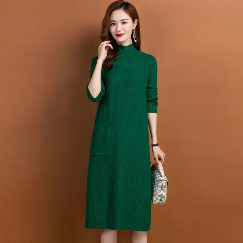 

Vintage Folk Style Oversize Women Dresses 2024 Autumn New Solid Pocket Turtleneck Pullover Knitting Sweater Female Vestidos